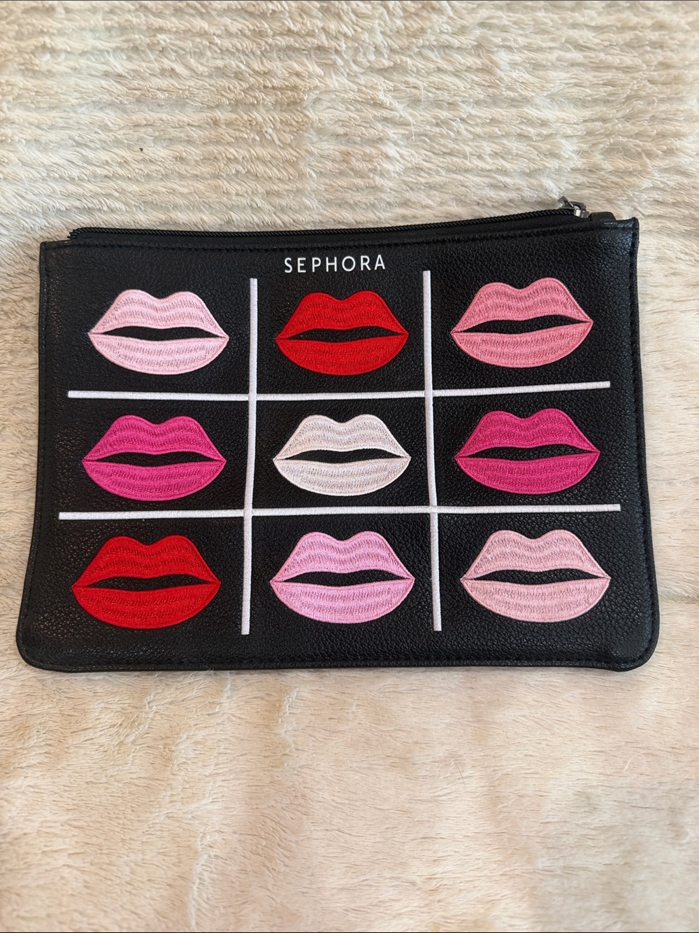 Sephora Black Lip Grid Cosmetic Pouch with Red, Pink, Fuchsia and Cream Lips